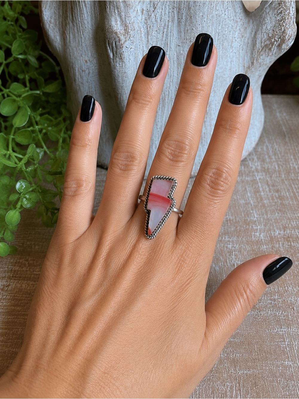 Botswana lace agate lightening bolt ring sterling boho surf southwestern sz 8